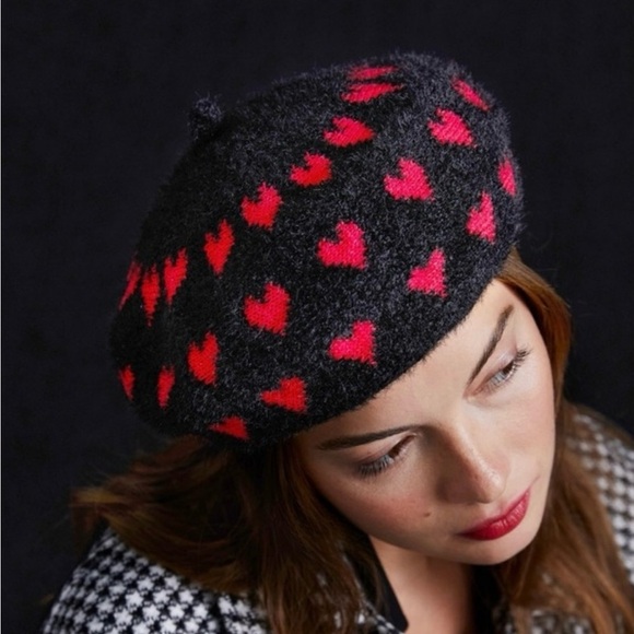 Anthropologie Maeve Red Heart Beret‎ Black Fuzzy Knit O/S NWT Romantic Hat main image 5